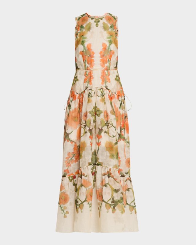 Tiered Floral-Print Ramie Maxi Dress